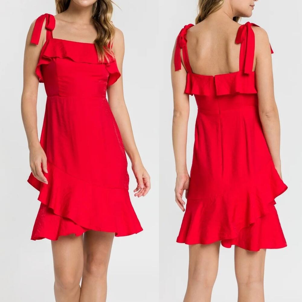 Endless Rose Bright Red Textured Satin Tie Sleeve Ruffle Hem Mini Party Dress